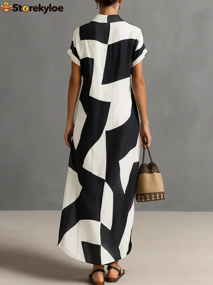 Women’s Cotton And Linen Blend Irregular Geometric Print Lapel Single-Breasted Short-Sleeved Maxi Shirt Dress