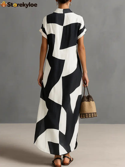 Women’s Cotton And Linen Blend Irregular Geometric Print Lapel Single-Breasted Short-Sleeved Maxi Shirt Dress