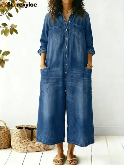 Women’s Cozy And Casual Denim Jumpsuit With Large Front Pockets