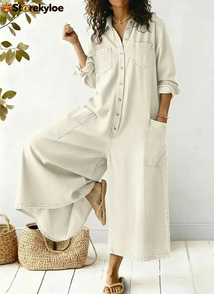 Women’s Cozy And Casual Denim Jumpsuit With Large Front Pockets - Beige / S