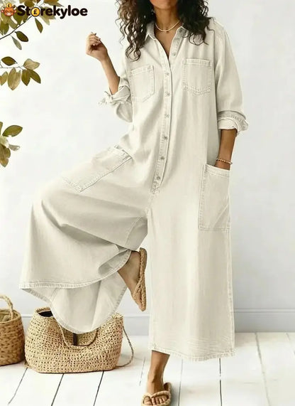 Women’s Cozy And Casual Denim Jumpsuit With Large Front Pockets - Beige / S