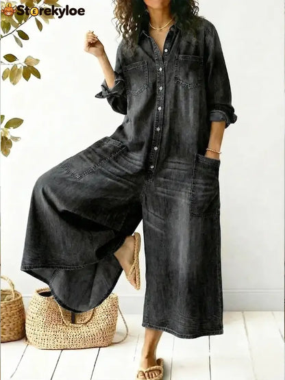 Women’s Cozy And Casual Denim Jumpsuit With Large Front Pockets - Black / S