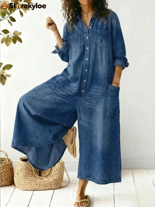 Women’s Cozy And Casual Denim Jumpsuit With Large Front Pockets - Blue / S