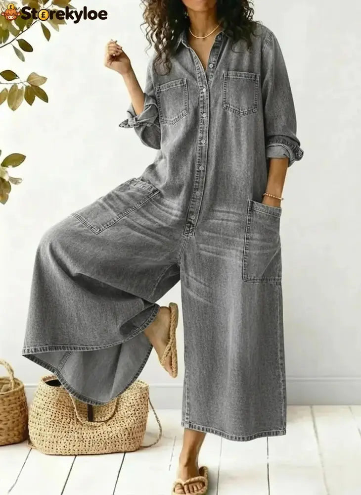 Women’s Cozy And Casual Denim Jumpsuit With Large Front Pockets - Gray / S