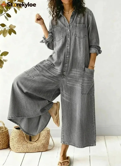 Women’s Cozy And Casual Denim Jumpsuit With Large Front Pockets - Gray / S
