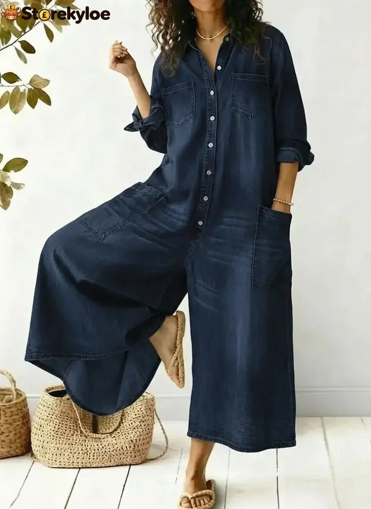 Women’s Cozy And Casual Denim Jumpsuit With Large Front Pockets - Navy / S