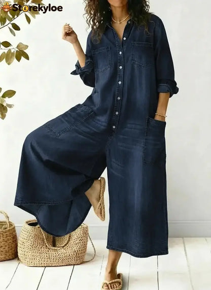 Women’s Cozy And Casual Denim Jumpsuit With Large Front Pockets - Navy / S