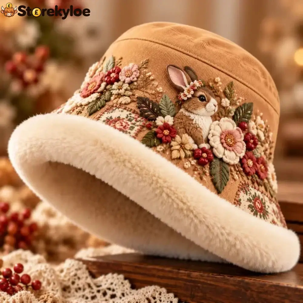 🌸 Women’s Cozy Plush-Lined Winter Bucket Hat – Floral & Animal Designs - Bunny Garden