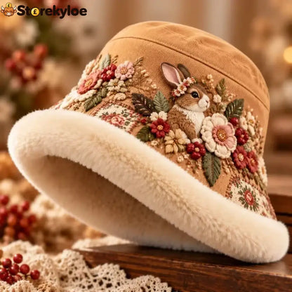 🌸 Women’s Cozy Plush-Lined Winter Bucket Hat – Floral & Animal Designs - Bunny Garden