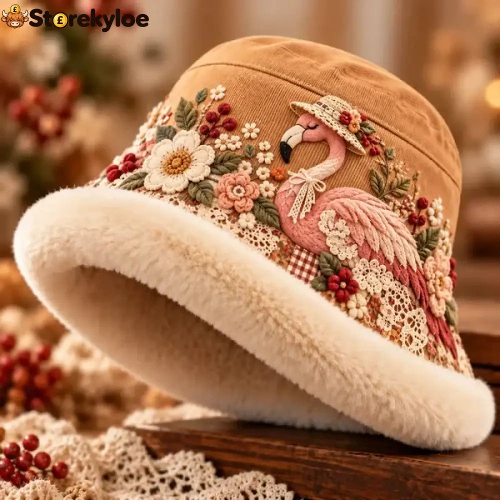🌸 Women’s Cozy Plush-Lined Winter Bucket Hat – Floral & Animal Designs (📦Buy 2 Free Shipping) - Floral Flamingo