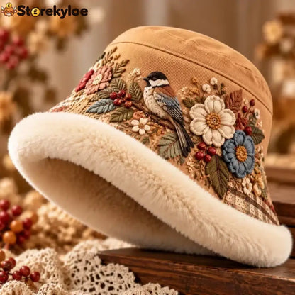 🌸 Women’s Cozy Plush-Lined Winter Bucket Hat – Floral & Animal Designs (📦Buy 2 Free Shipping) - Woodland Bird