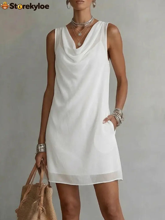 Women’s Draped-neck Sleeveless Chiffon Dress - White / S