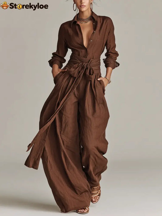 Women’s Elegant Brown Woven Cotton-linen Long-sleeved Shirt Collar Jumpsuit With Belt - Brown / XS