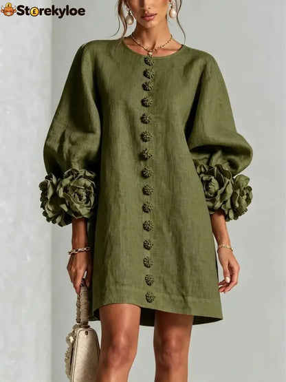 Women’s Elegant Floral Cuff Puff Sleeve Linen Mini Dress - Army Green / XS - Products