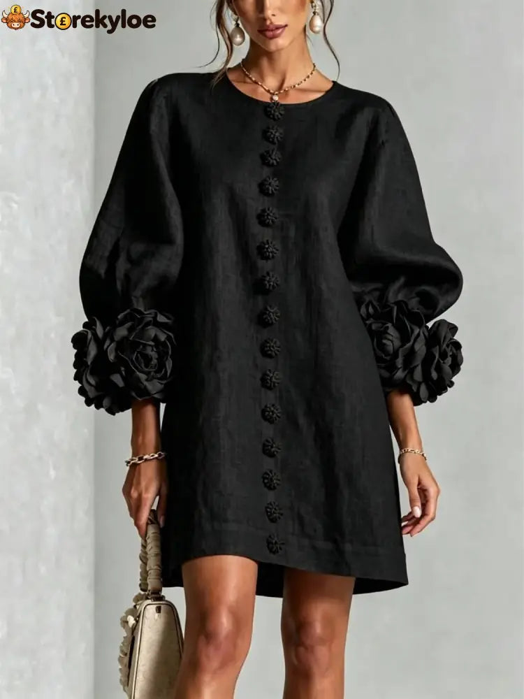 Women’s Elegant Floral Cuff Puff Sleeve Linen Mini Dress - Black / XS - Products