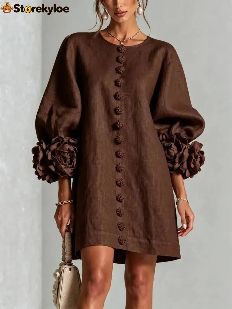 Women’s Elegant Floral Cuff Puff Sleeve Linen Mini Dress - Brown / XS - Products