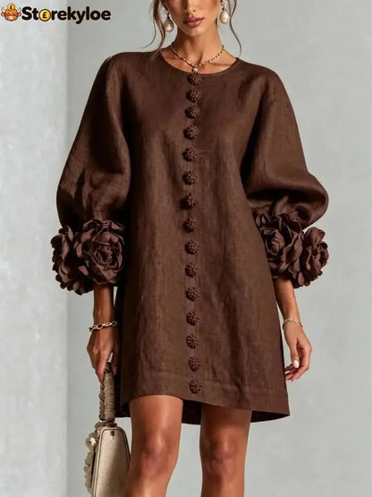 Women’s Elegant Floral Cuff Puff Sleeve Linen Mini Dress - Brown / XS - Products