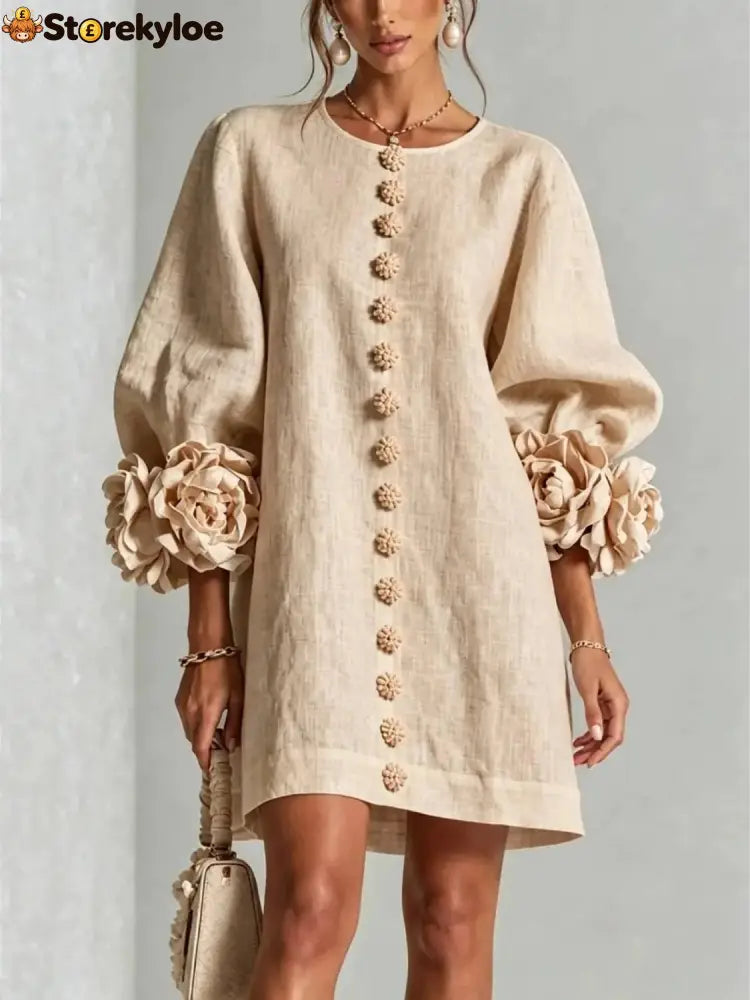 Women’s Elegant Floral Cuff Puff Sleeve Linen Mini Dress - Khaki / XS - Products