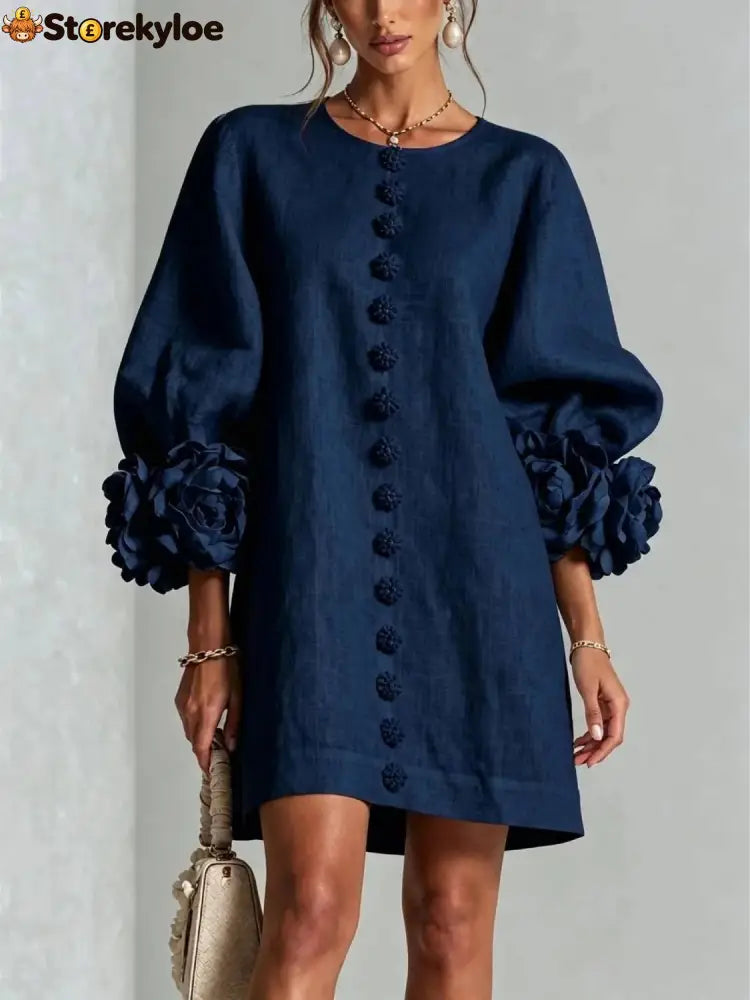 Women’s Elegant Floral Cuff Puff Sleeve Linen Mini Dress - Navy Blue / XS - Products