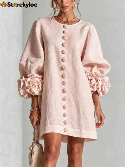 Women’s Elegant Floral Cuff Puff Sleeve Linen Mini Dress - Pink / XS - Products