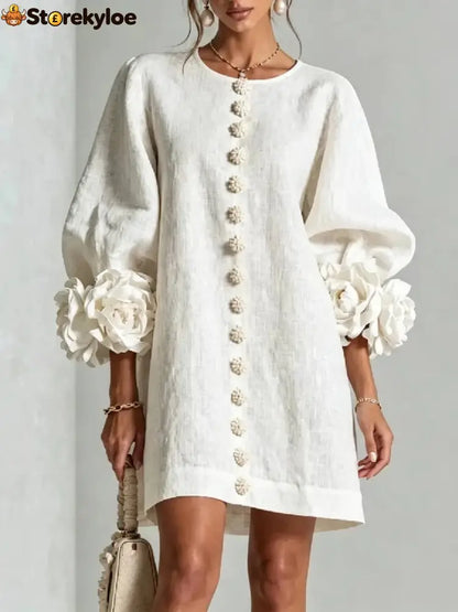 Women’s Elegant Floral Cuff Puff Sleeve Linen Mini Dress - White / XS - Products