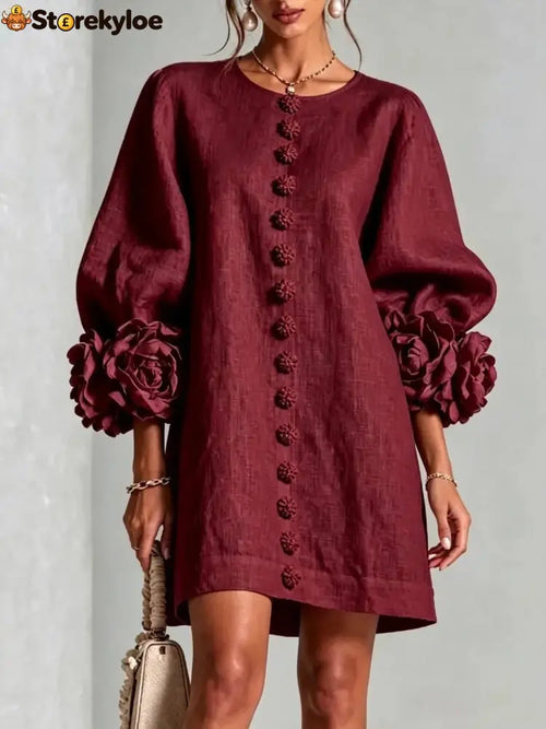 Women’s Elegant Floral Cuff Puff Sleeve Linen Mini Dress - Wine / XS - Products