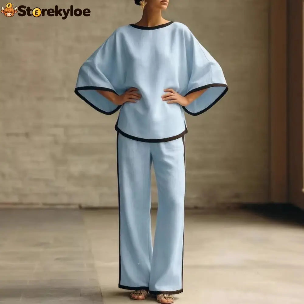 Women’S Elegant Round Neck Loose Bat Sleeves Cotton And Linen Two-Piece Set