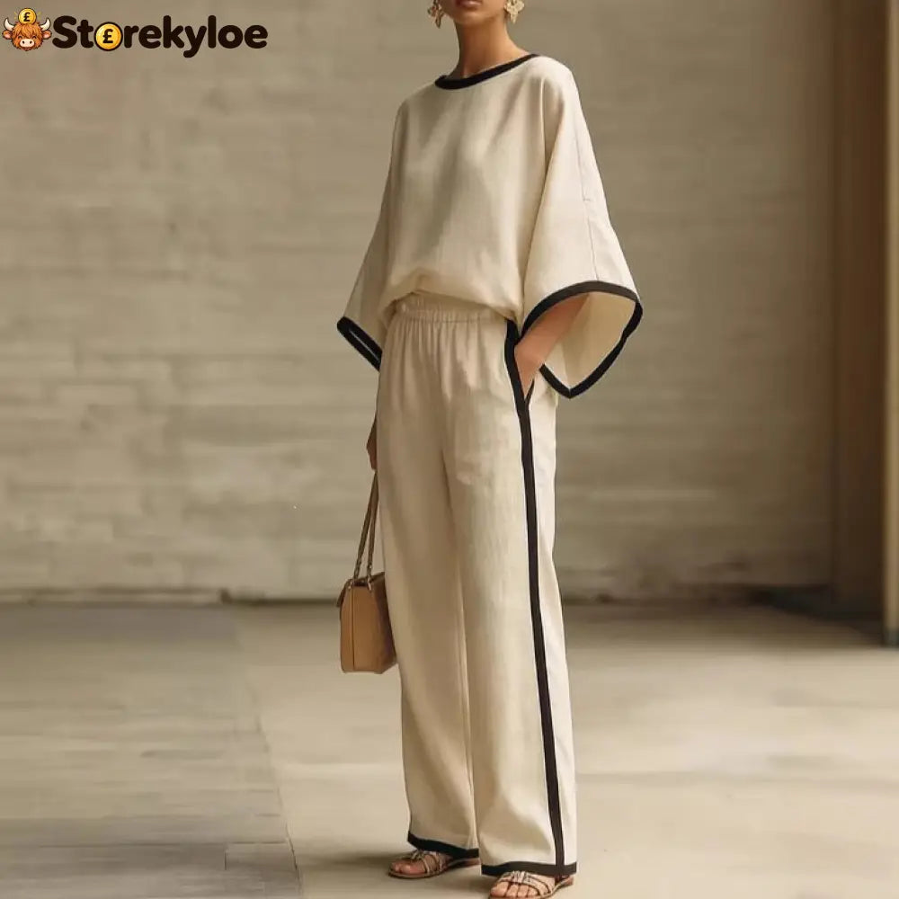 Women’S Elegant Round Neck Loose Bat Sleeves Cotton And Linen Two-Piece Set