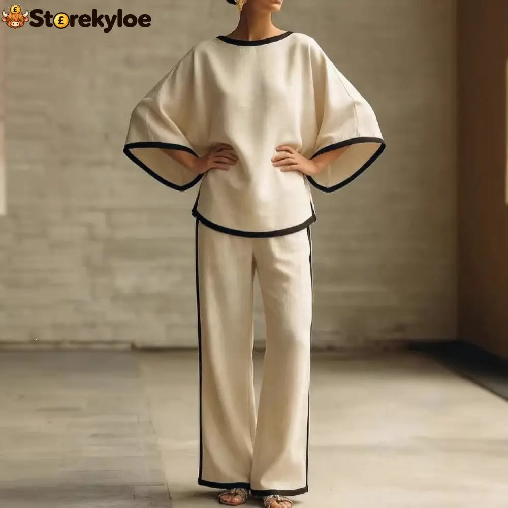 Women’S Elegant Round Neck Loose Bat Sleeves Cotton And Linen Two-Piece Set