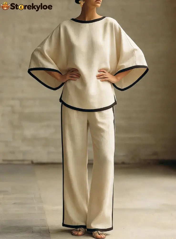 Women’S Elegant Round Neck Loose Bat Sleeves Cotton And Linen Two-Piece Set - Apricot / S