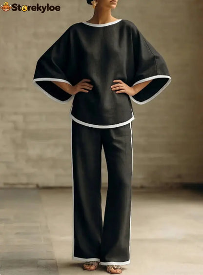 Women’S Elegant Round Neck Loose Bat Sleeves Cotton And Linen Two-Piece Set - Black / S