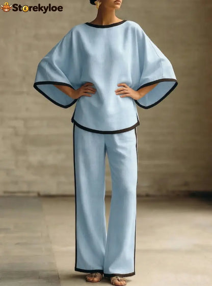Women’S Elegant Round Neck Loose Bat Sleeves Cotton And Linen Two-Piece Set - Blue / S