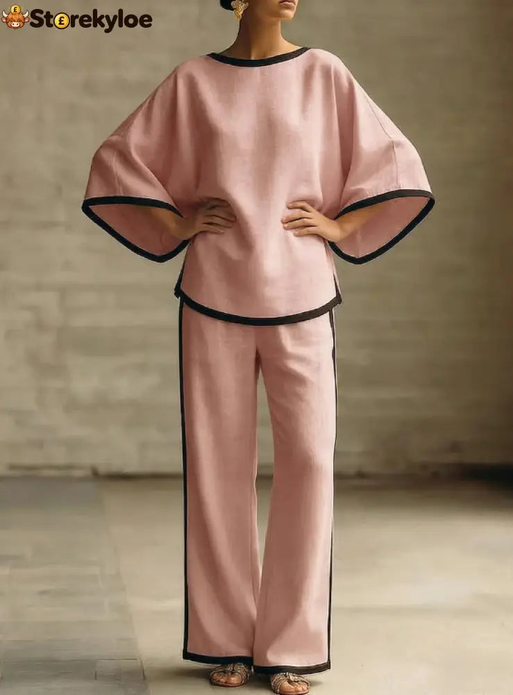 Women’S Elegant Round Neck Loose Bat Sleeves Cotton And Linen Two-Piece Set - Pink / S