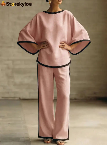Women’S Elegant Round Neck Loose Bat Sleeves Cotton And Linen Two-Piece Set - Pink / S