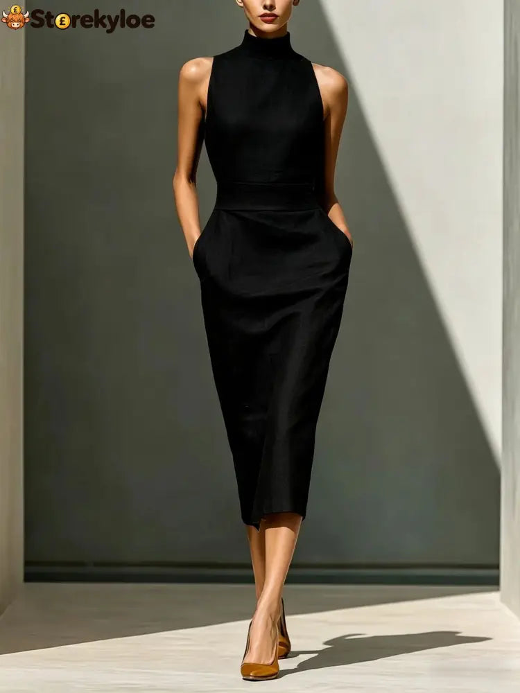 Women’S Elegant Sleeveless Slim Fit Hip-Covering Mid-Length Dress - Black / S