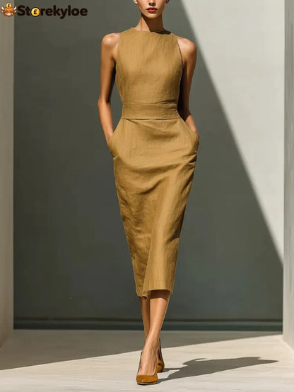 Women’S Elegant Sleeveless Slim Fit Hip-Covering Mid-Length Dress - Camel / S