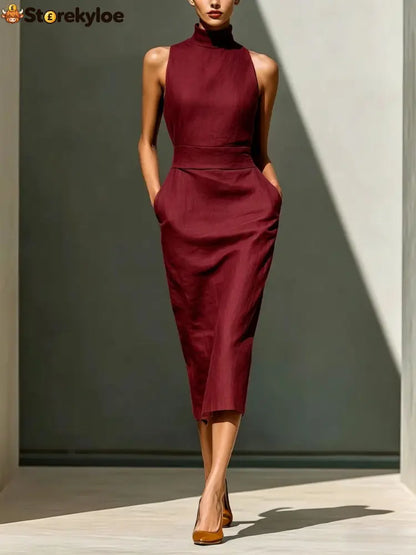 Women’S Elegant Sleeveless Slim Fit Hip-Covering Mid-Length Dress - Claret / S