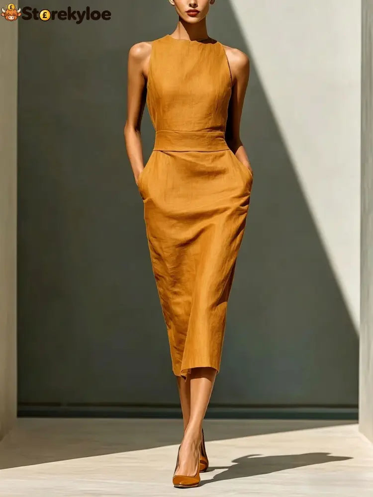 Women’S Elegant Sleeveless Slim Fit Hip-Covering Mid-Length Dress - Orange color / S