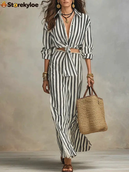 Women’s Elegant Vertical Stripe Shirt Two-piece Set - Black / S