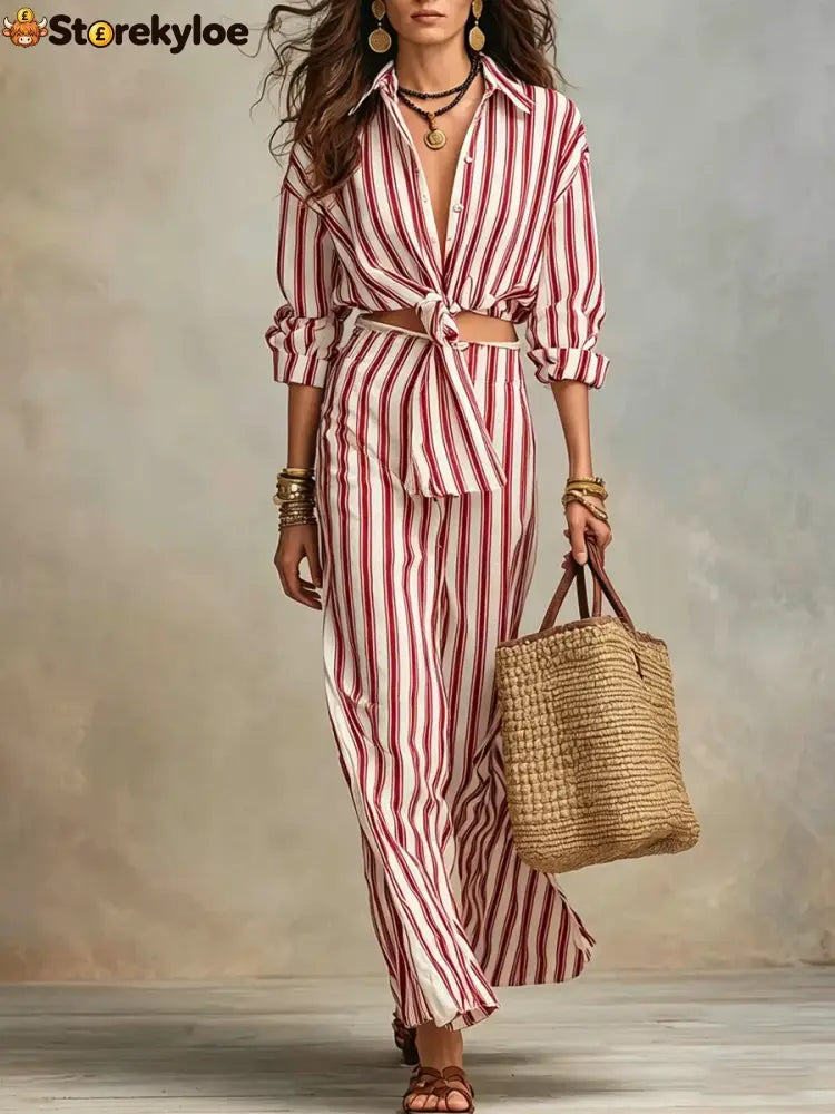 Women’s Elegant Vertical Stripe Shirt Two-piece Set - Red / S
