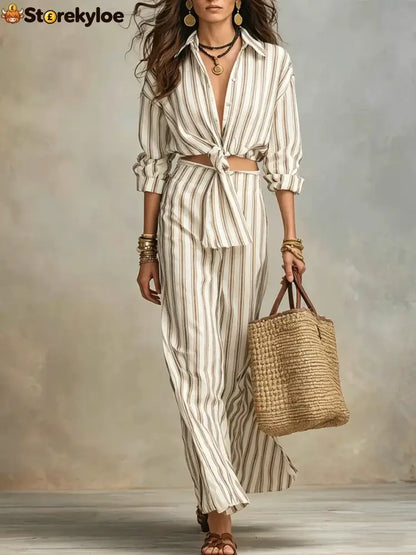 Women’s Elegant Vertical Stripe Shirt Two-piece Set - Yellow / S
