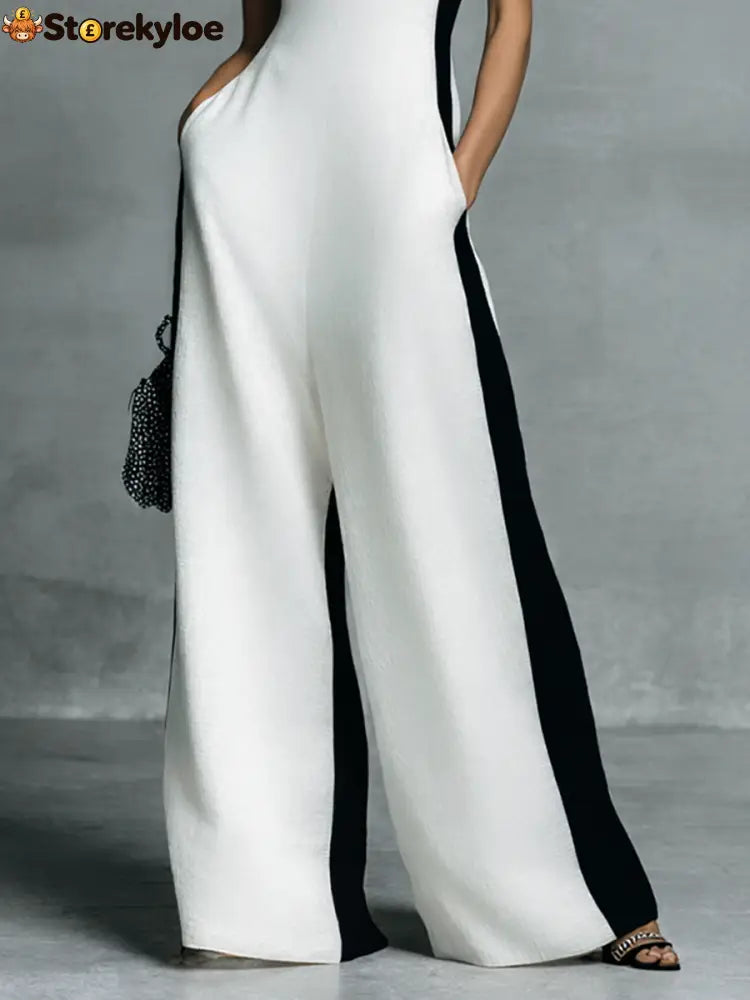 Women’s Fashion Black and White Cotton Linen Color Block Thin Strap Jumpsuit