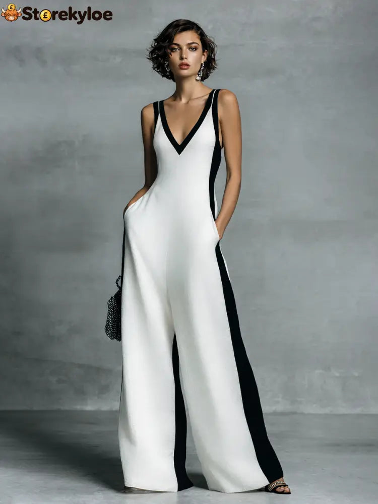 Women’s Fashion Black and White Cotton Linen Color Block Thin Strap Jumpsuit