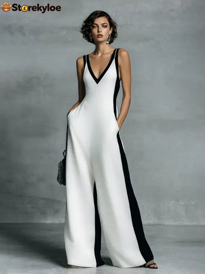 Women’s Fashion Black and White Cotton Linen Color Block Thin Strap Jumpsuit