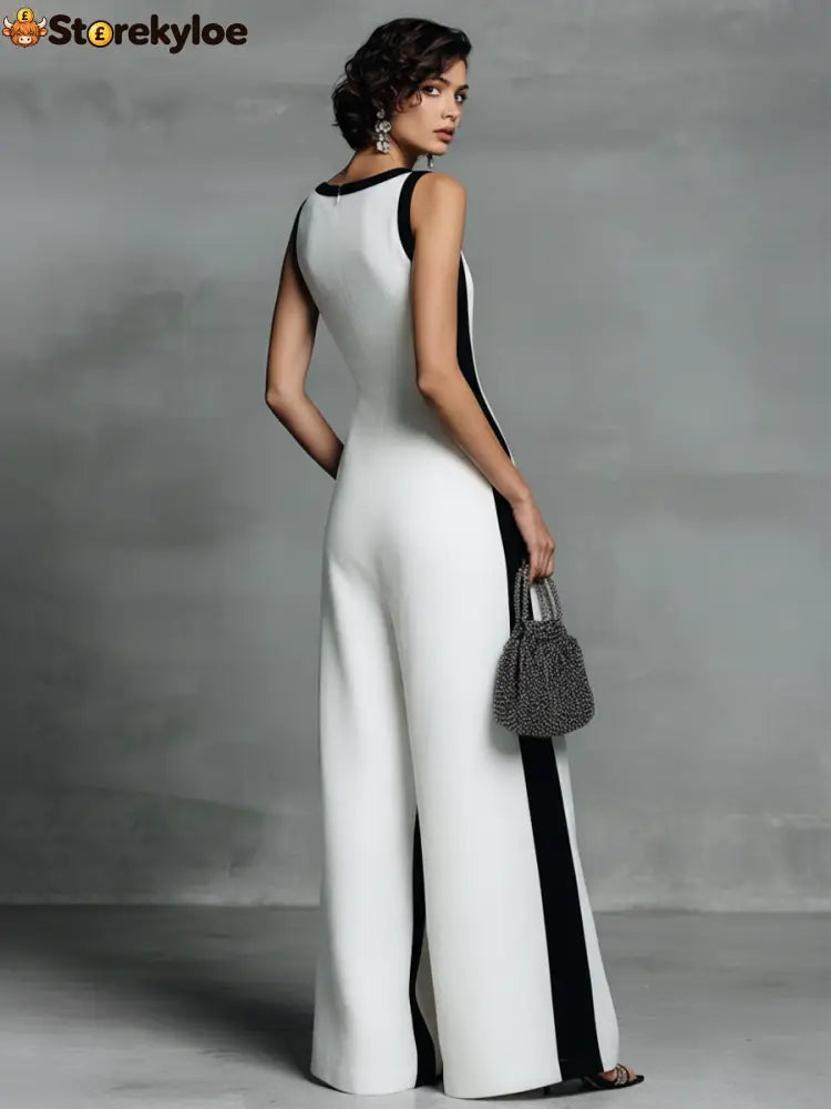 Women’s Fashion Black and White Cotton Linen Color Block Thin Strap Jumpsuit