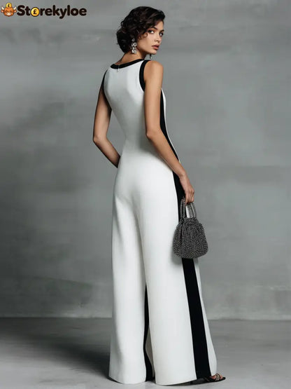 Women’s Fashion Black and White Cotton Linen Color Block Thin Strap Jumpsuit