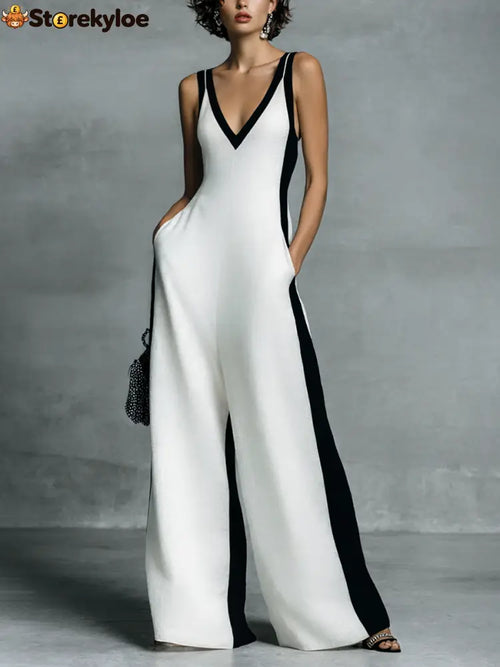 Women’s Fashion Black and White Cotton Linen Color Block Thin Strap Jumpsuit - Black And White / XS