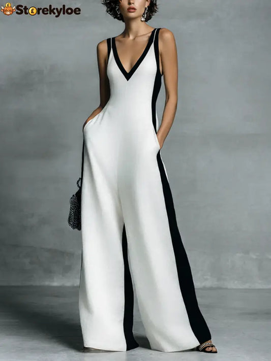 Women’s Fashion Black and White Cotton Linen Color Block Thin Strap Jumpsuit - Black And White / XS