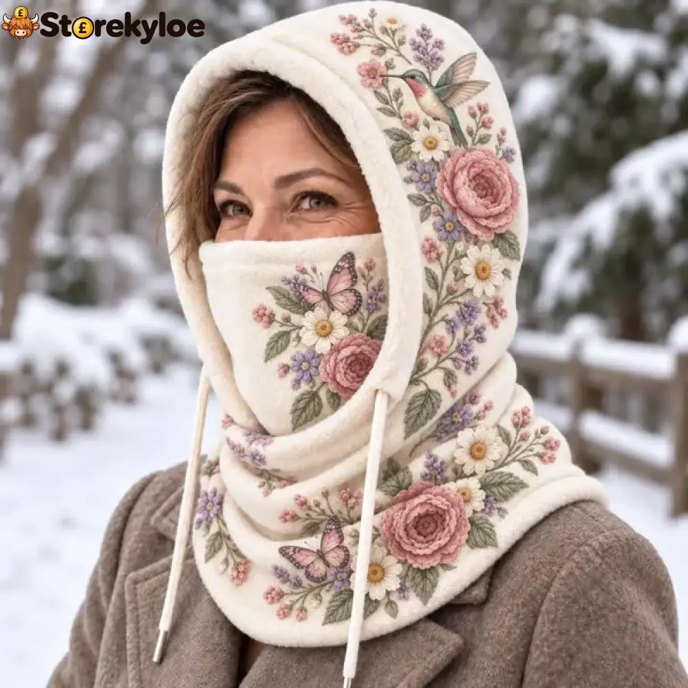 🌸Women’s Floral 3-in-1 Winter Hood – Fleece-Lined Embroidered Hat Face Cover & Neck Warmer
