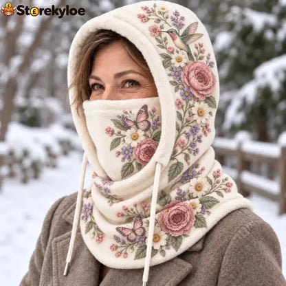 🌸 Women’s Floral 3-in-1 Winter Hood – Fleece-Lined Embroidered Hat Face Cover & Neck Warmer